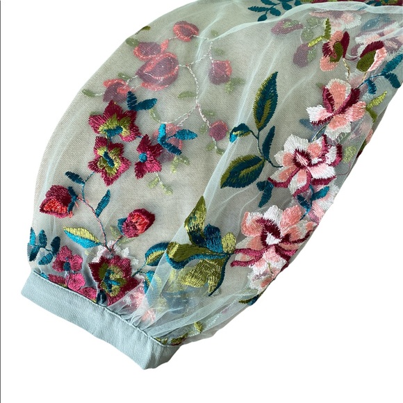 Umgee Embroidered Floral Semi-sheer Mesh Sleeve Top in Dusty Mint - S - Picture 10 of 14